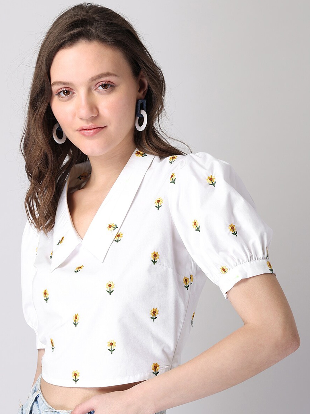 

FabAlley White & Yellow Floral Embroidered Crop Top
