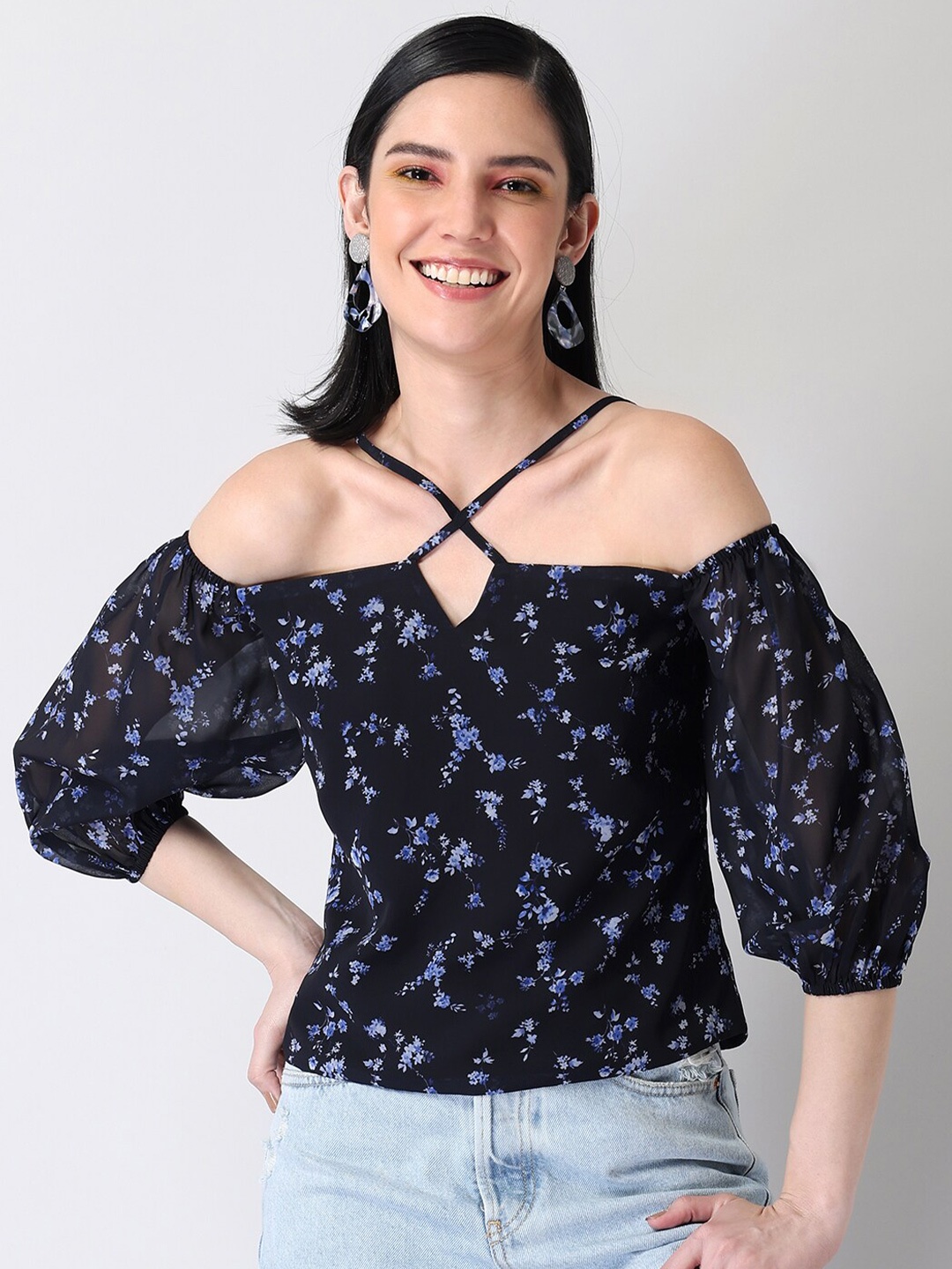 

FabAlley Women Blue Floral Print Georgette Top
