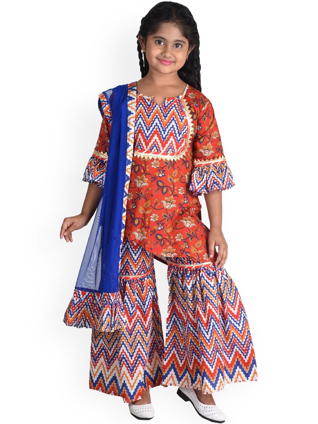 

Kinder Kids Girls Red Floral Printed Pure Cotton Kurti with Sharara & With Dupatta