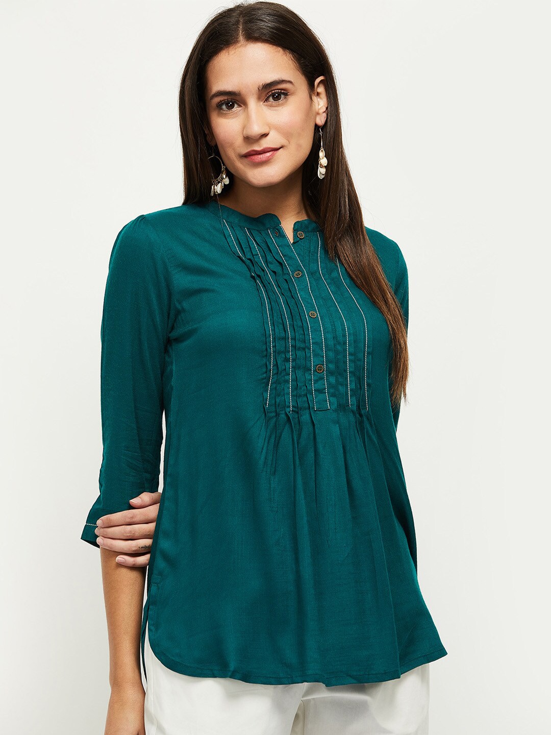 

max Teal Mandarin Collar Shirt Style Top