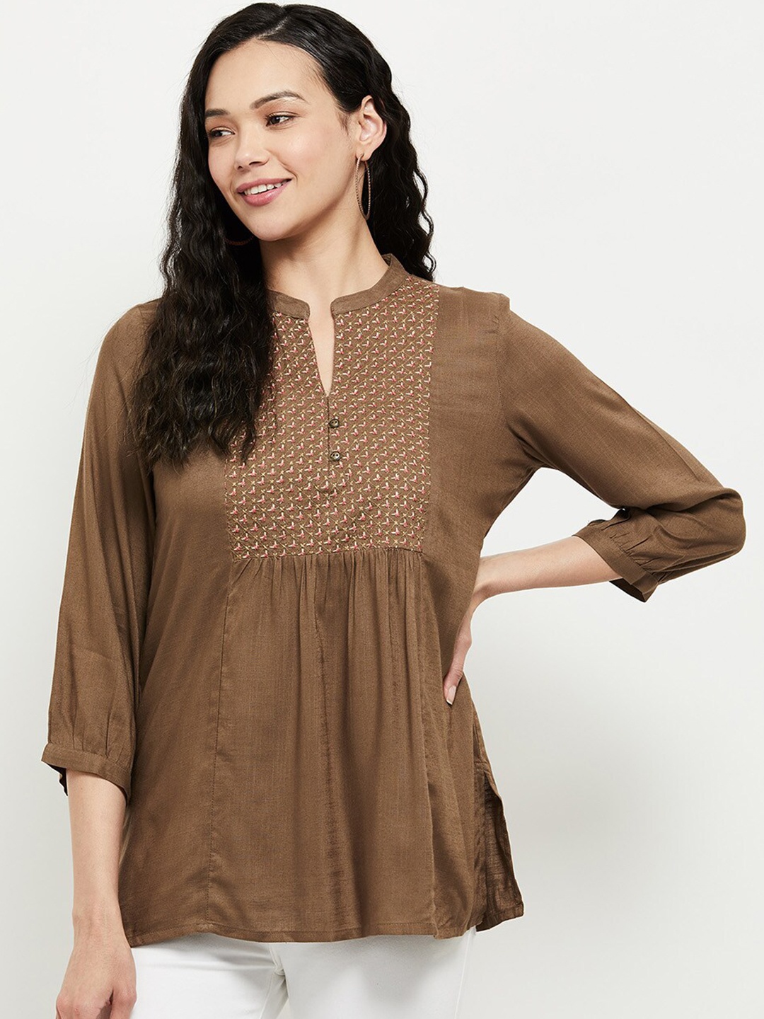 

max Women Brown Embroidered Mandarin Collar A-Line Top