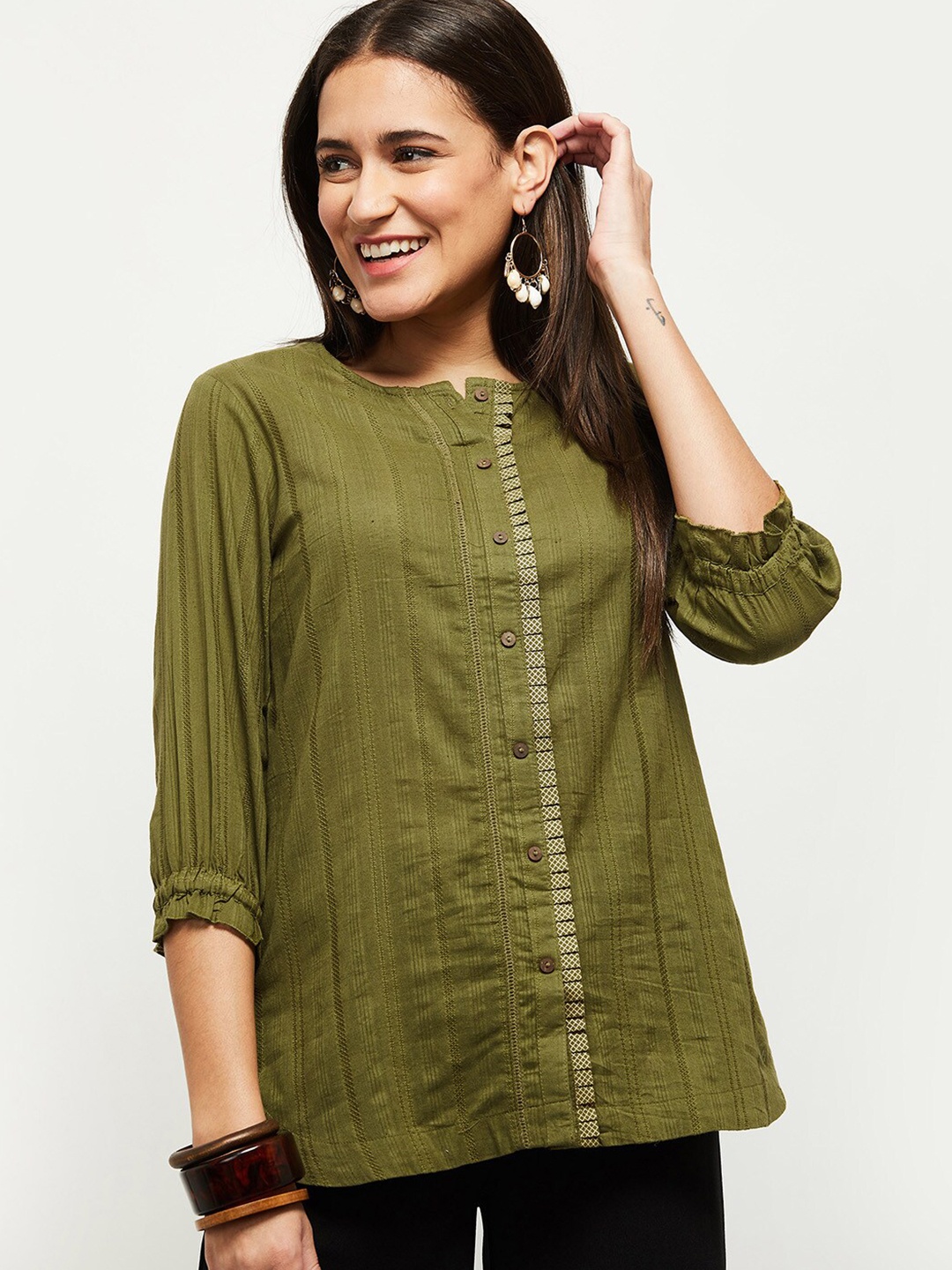 

max Women Olive Green & White Self Design Regular Top
