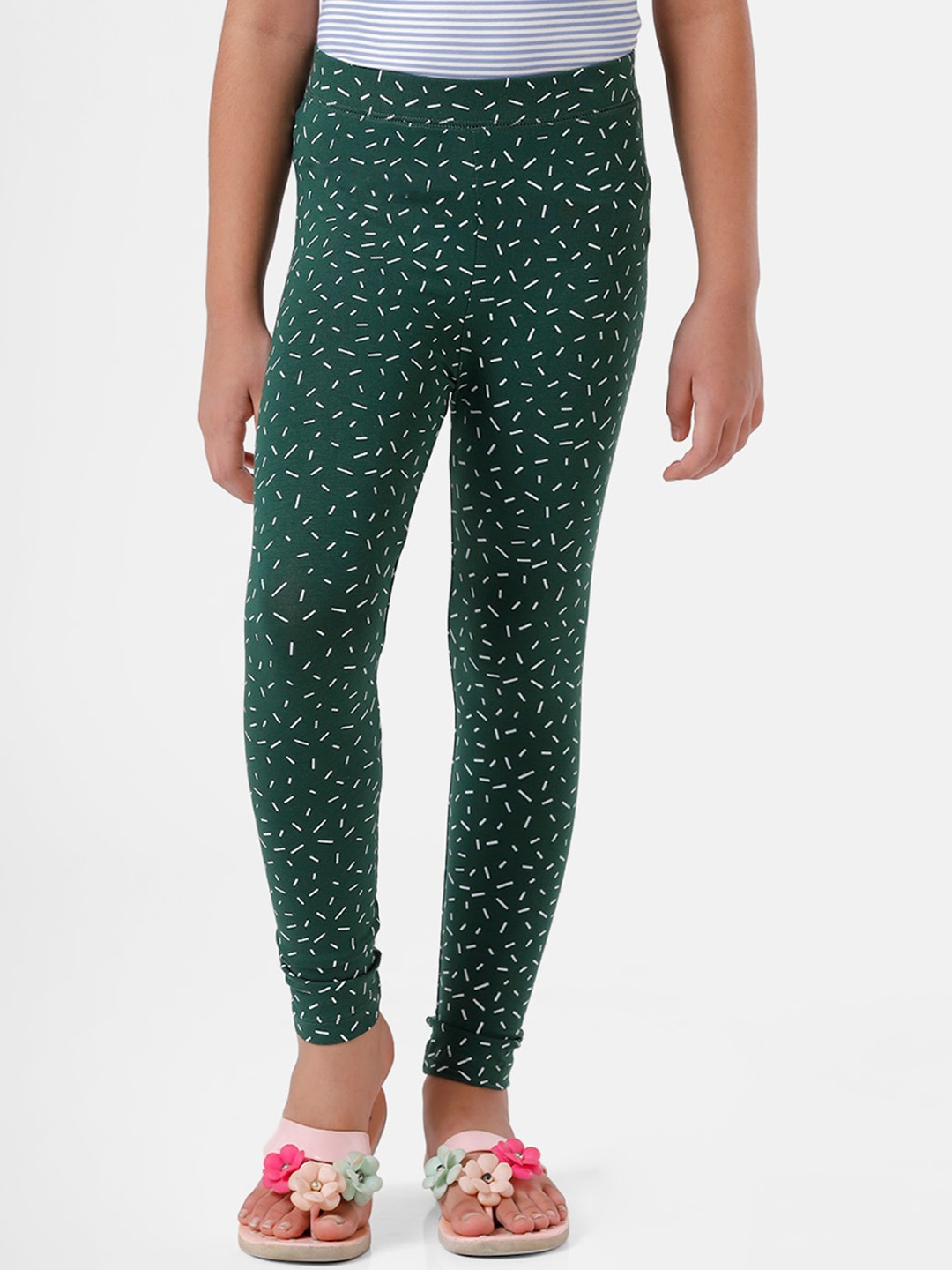 

De Moza Girls Green & White Printed Ankle-Length Leggings