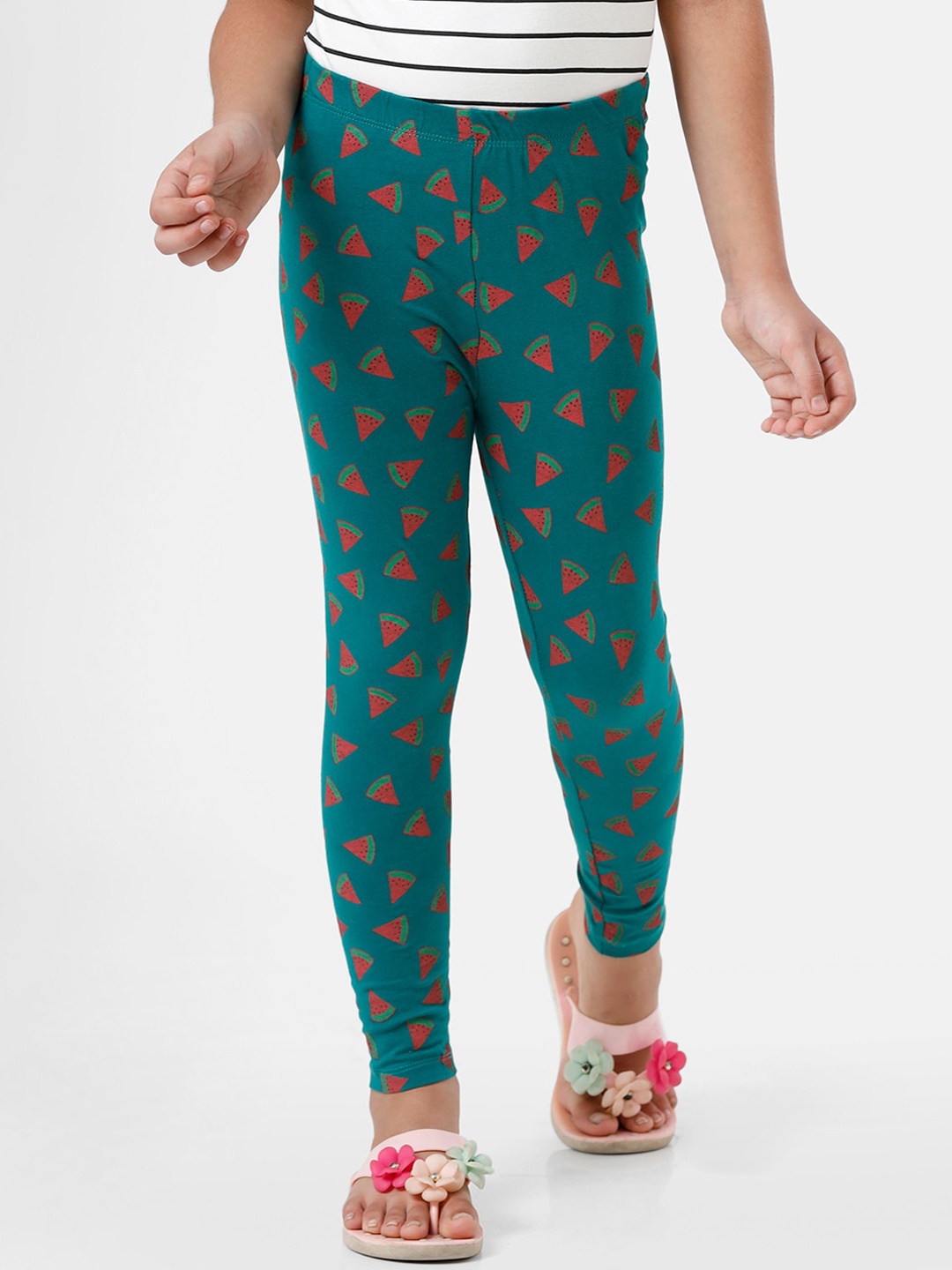 

De Moza Girls Turquoise Blue & Orange Printed Ankle Cotton Length Leggings