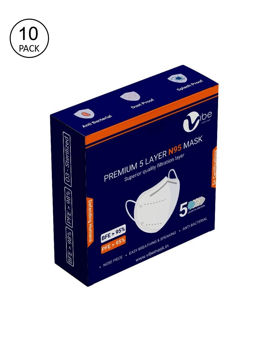 

Vibe Pack Of 10 White Solid 5-Ply Protective N95 Surgical Masks