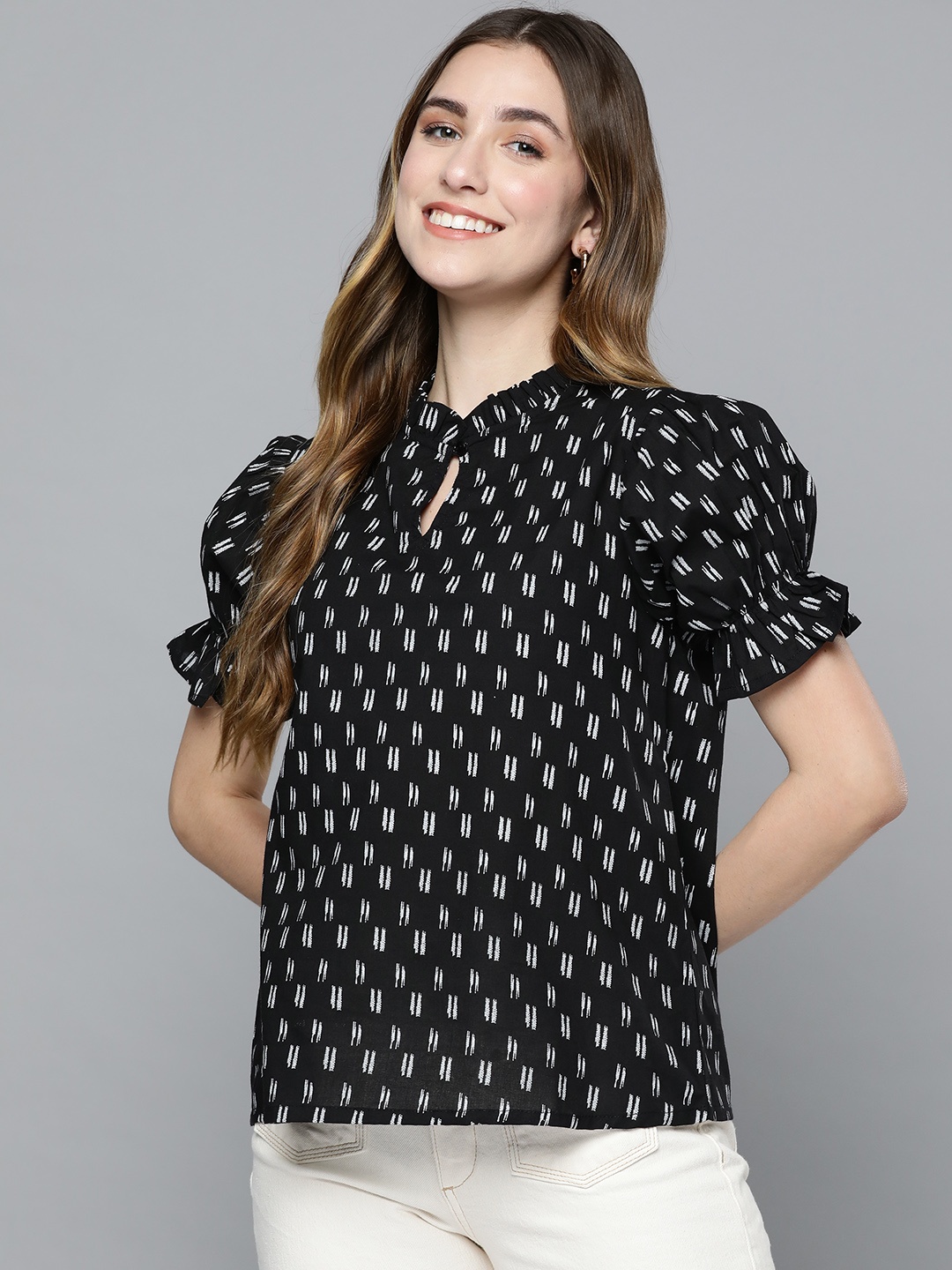 HERE&NOW Women Black & White Printed Pure Cotton Top