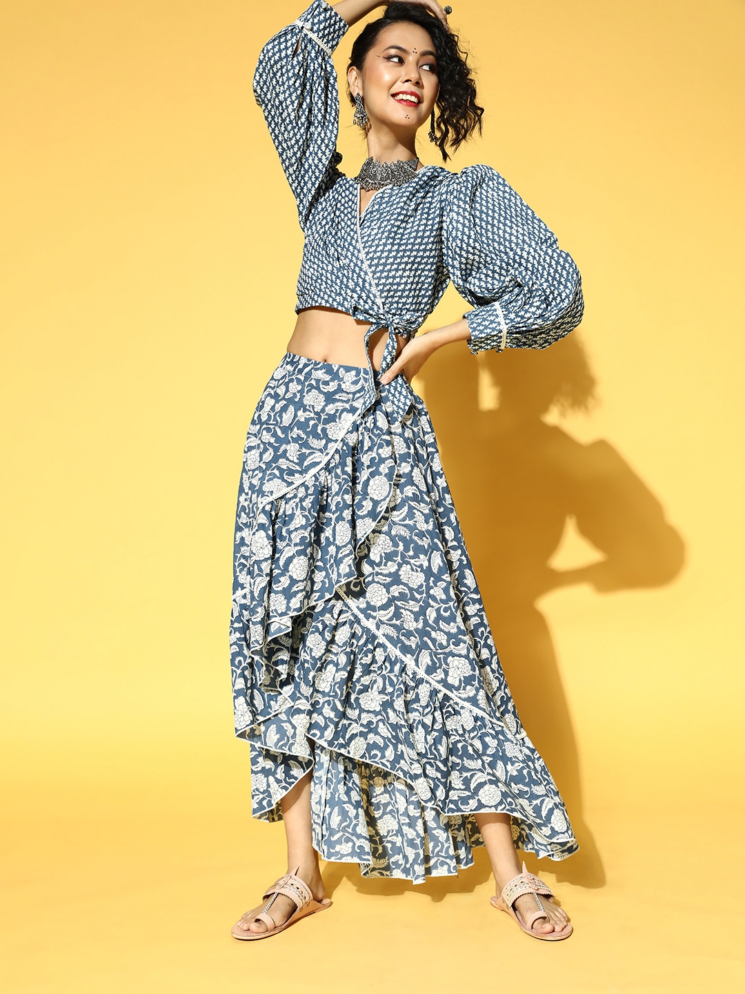 

Yufta Women Stunning Blue Printed Top with Skirt