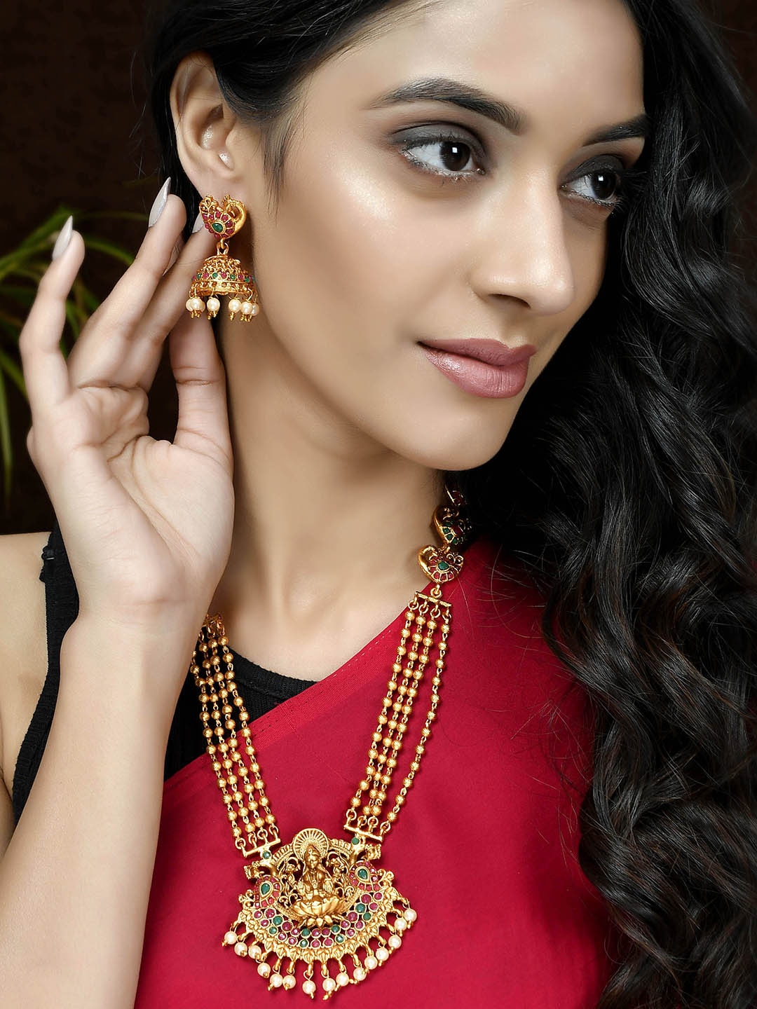 

Shoshaa Gold-Plated & Red Stone-Studded & Beaded Temple Jewellery Set