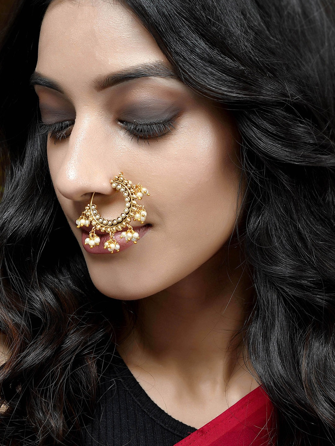 

Shoshaa Gold-Plated White Stone-Studded Beaded Nosering