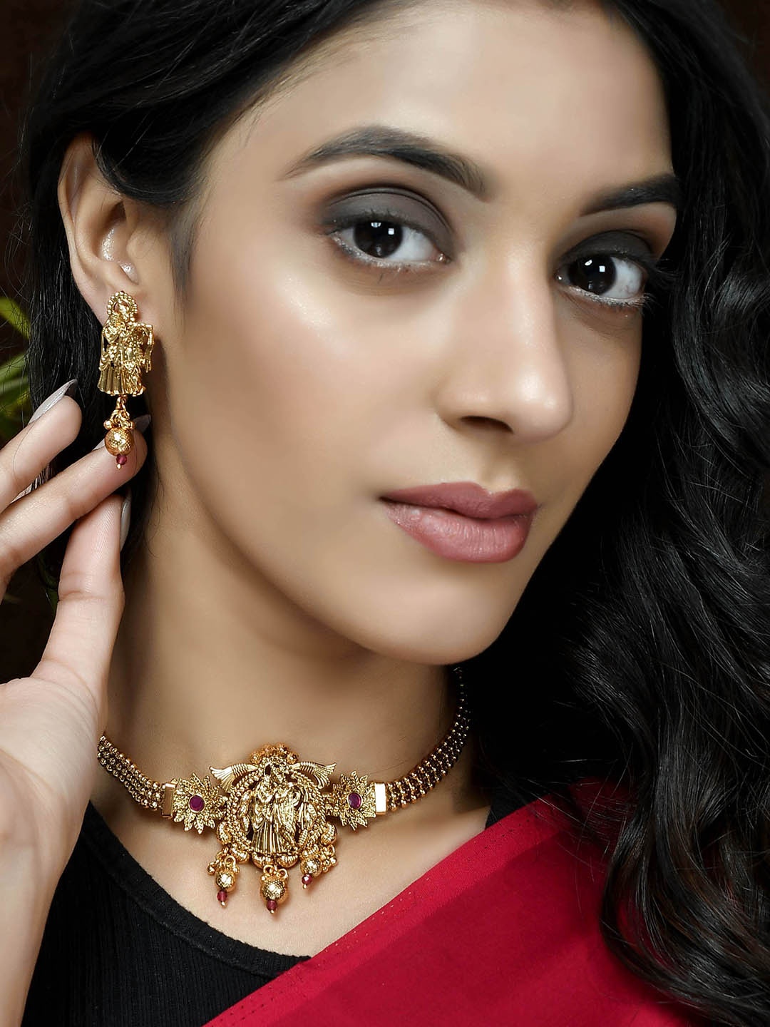 

Shoshaa Gold-Plated & Red Stone Studded Choker Temple Jewellery Set
