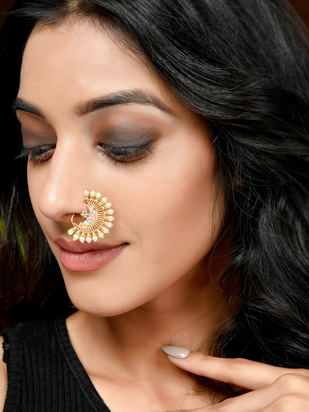 

Shoshaa Women Gold Plated Pink & White Stone Studded Clip-On Nose Pin