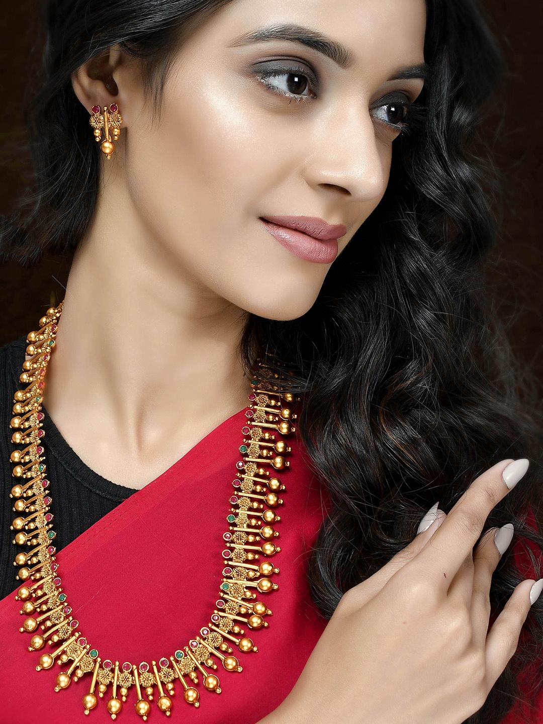 

Shoshaa Gold-Plated Red & Green Stone-Studded Jewellery Set