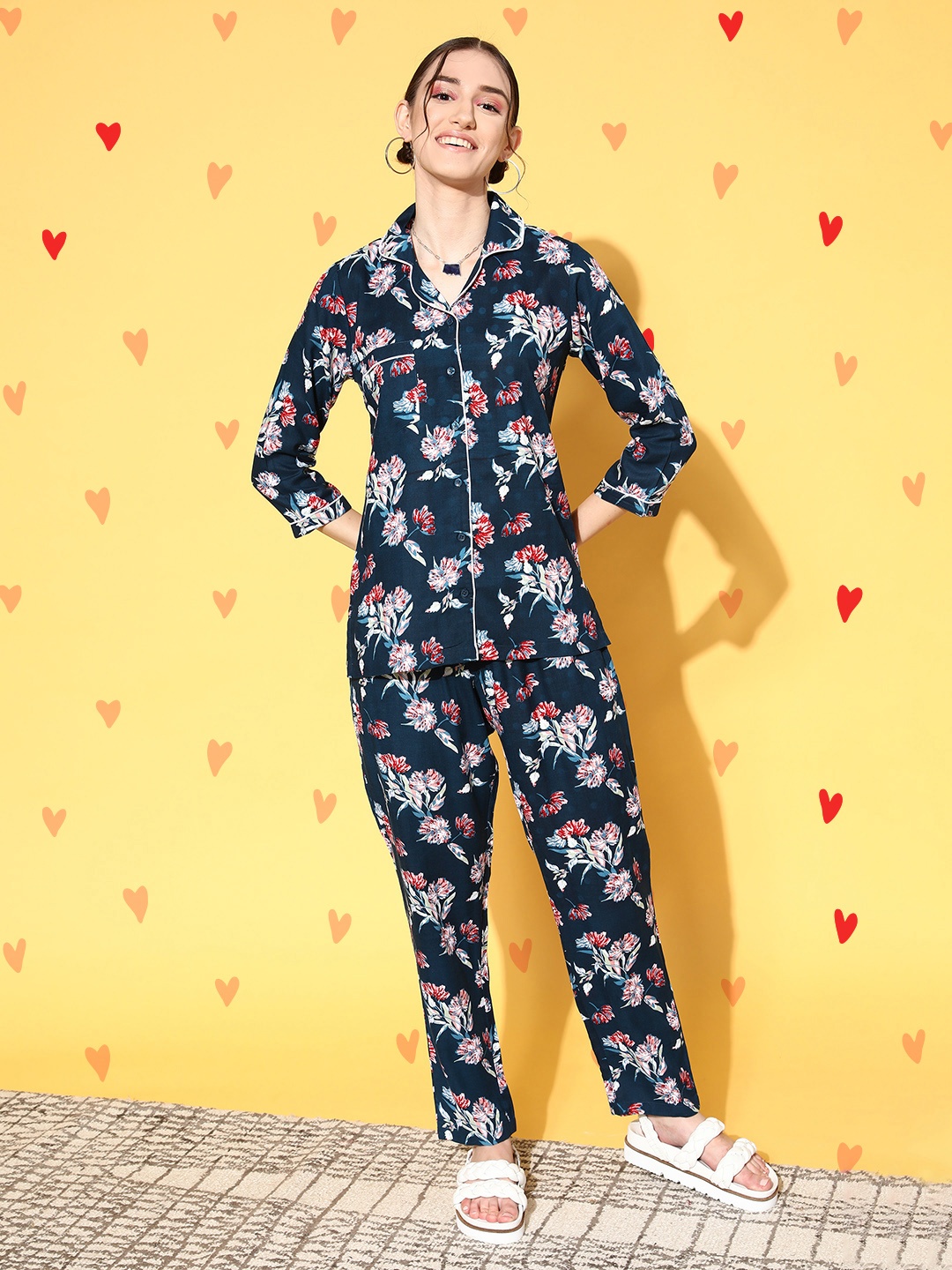

MBeautiful Women Navy Blue Floral Sleep Staple Night Suit