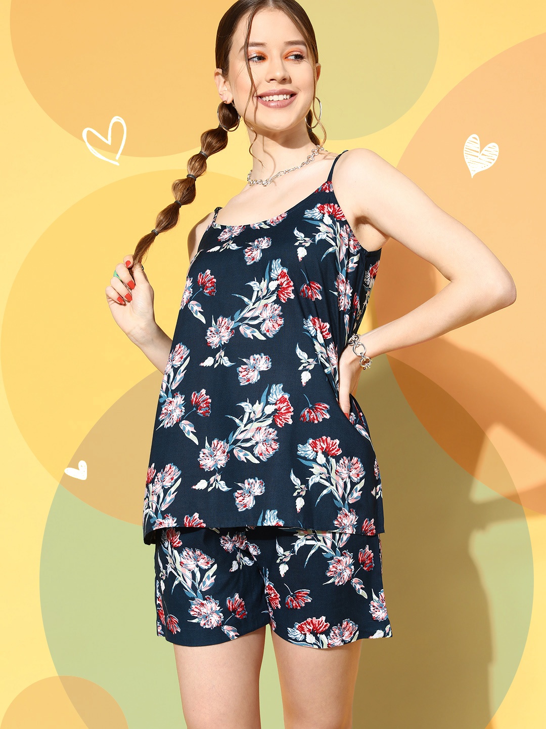 

MBeautiful Women Navy Blue Floral Sleep Staple Night Suit