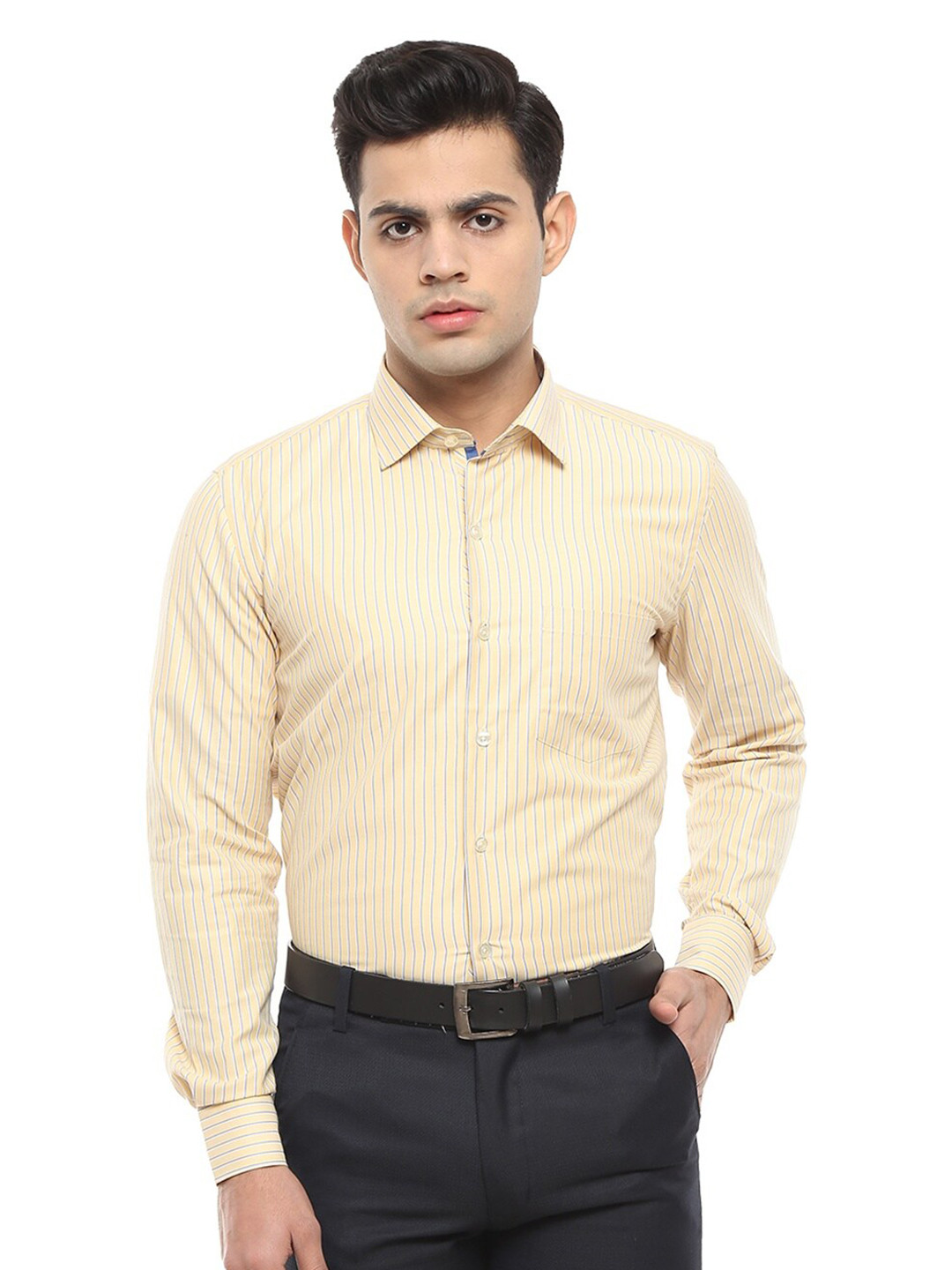 

J White by Vmart Men Yellow Blue Standard Striped Formal Shirt