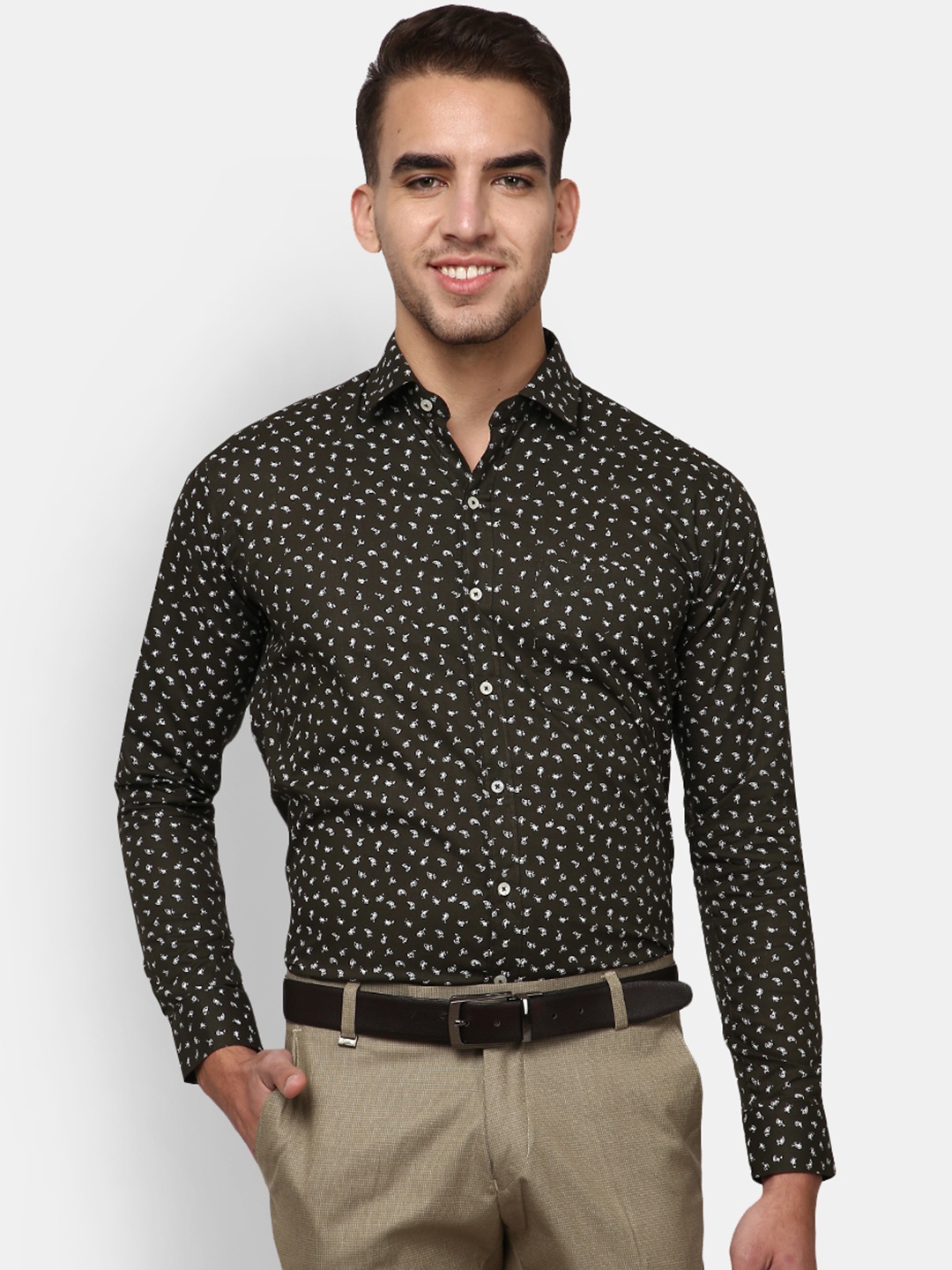 

V-Mart Men Olive Green Micro Ditsy Printed Standard Cotton Formal Shirt