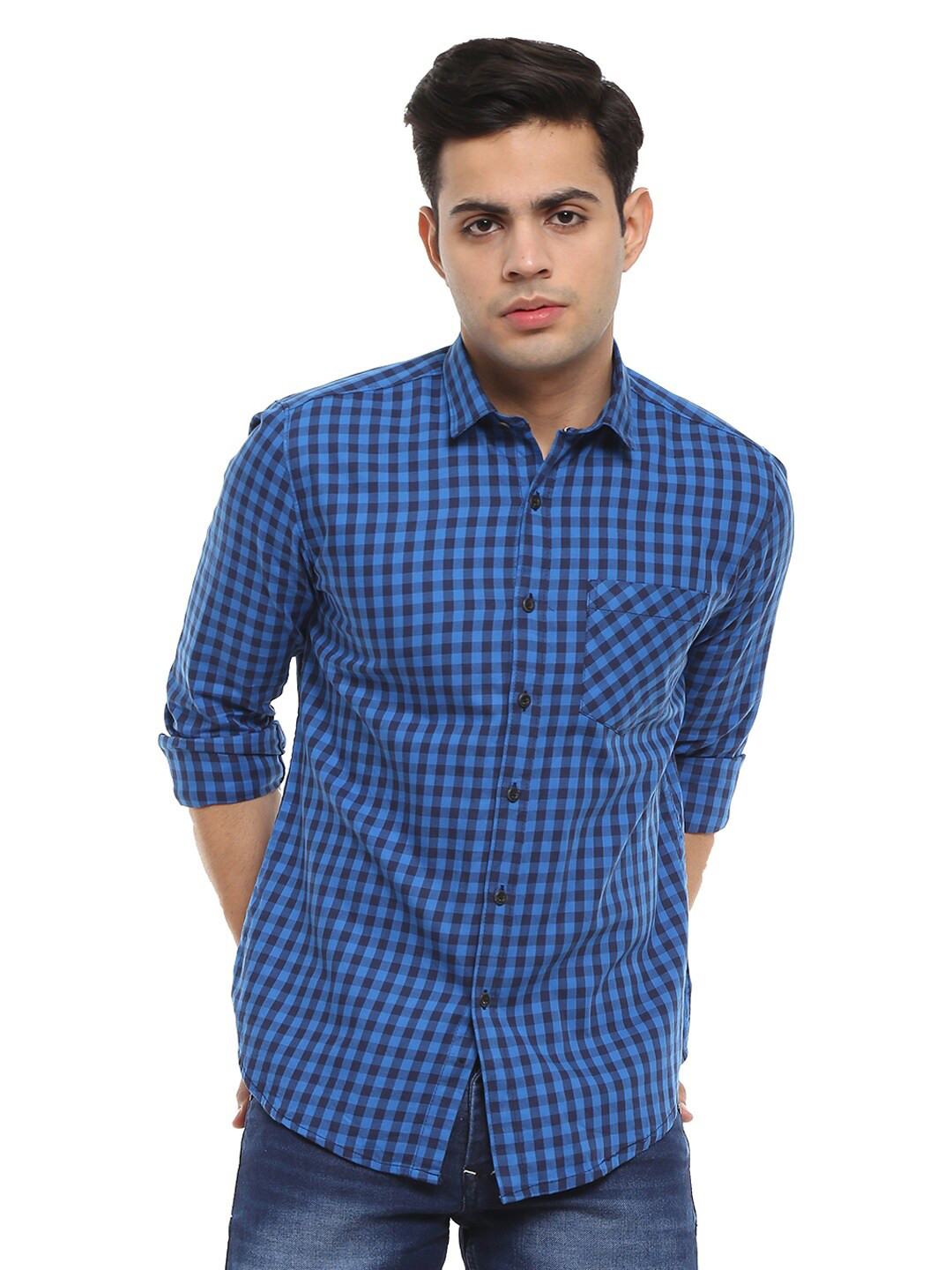 

V-Mart Men Blue Standard Checked Regular Fit Twill Cotton Casual Shirt