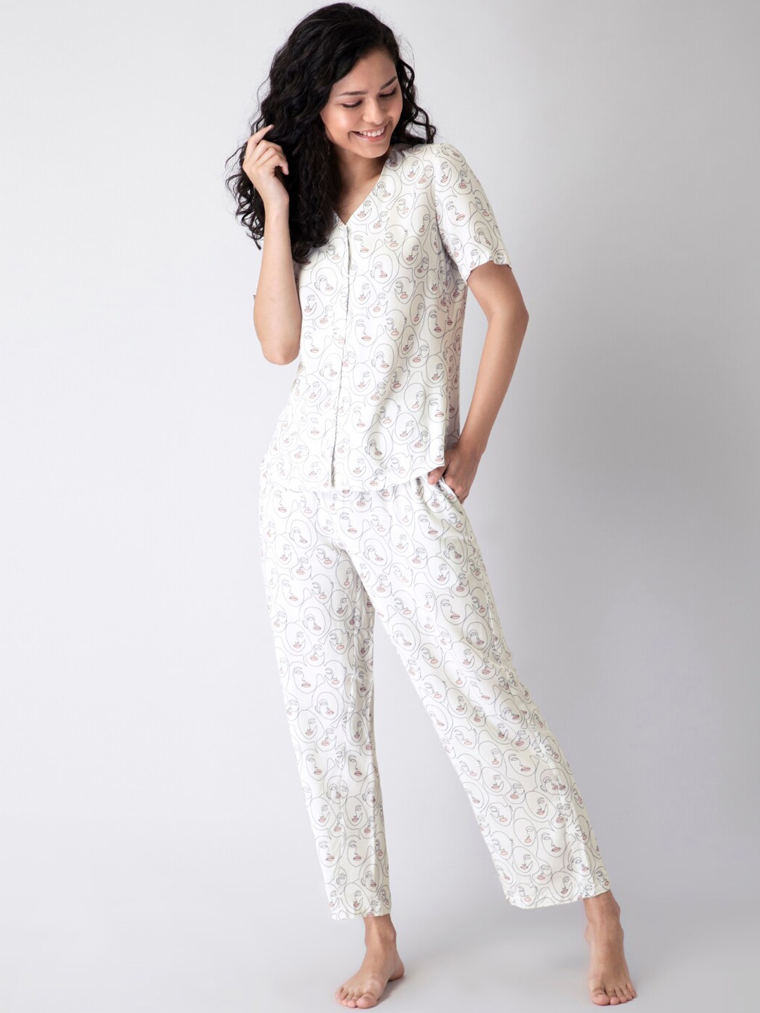 

FabAlley Women White & Black Printed Pure Cotton Night suit