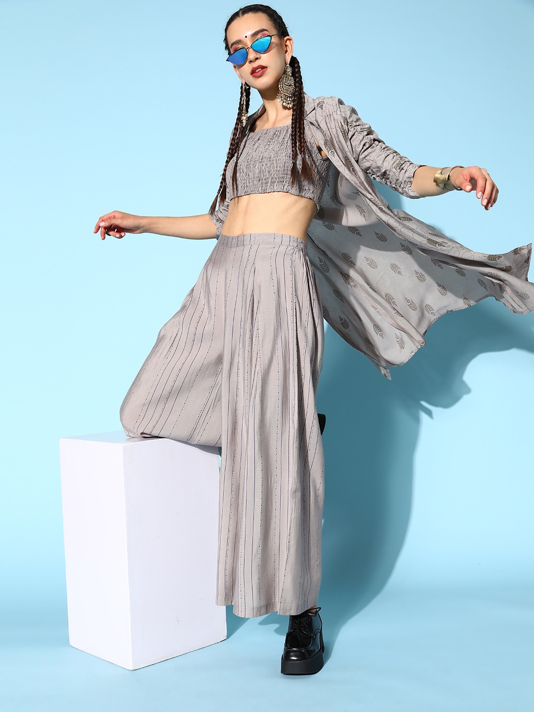 

kipek Women Beautiful Grey Self-Design Top with Striped Palazzos