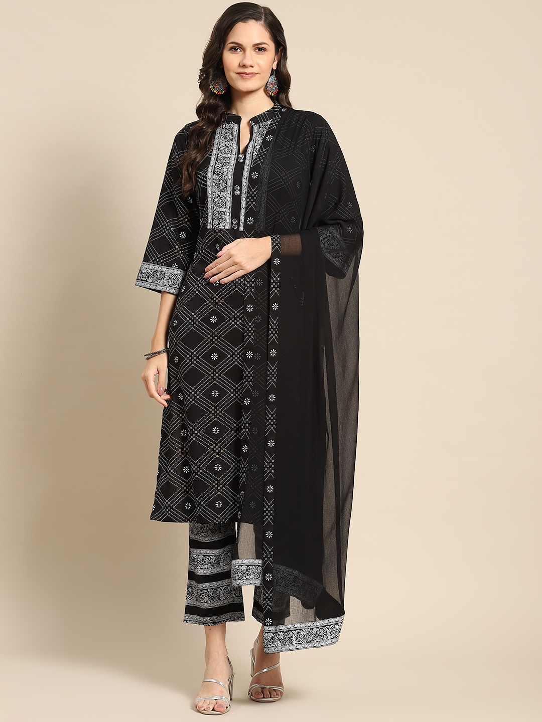 

Gerua By Libas Women Black Printed Patchwork Kurta with Trousers With Dupatta