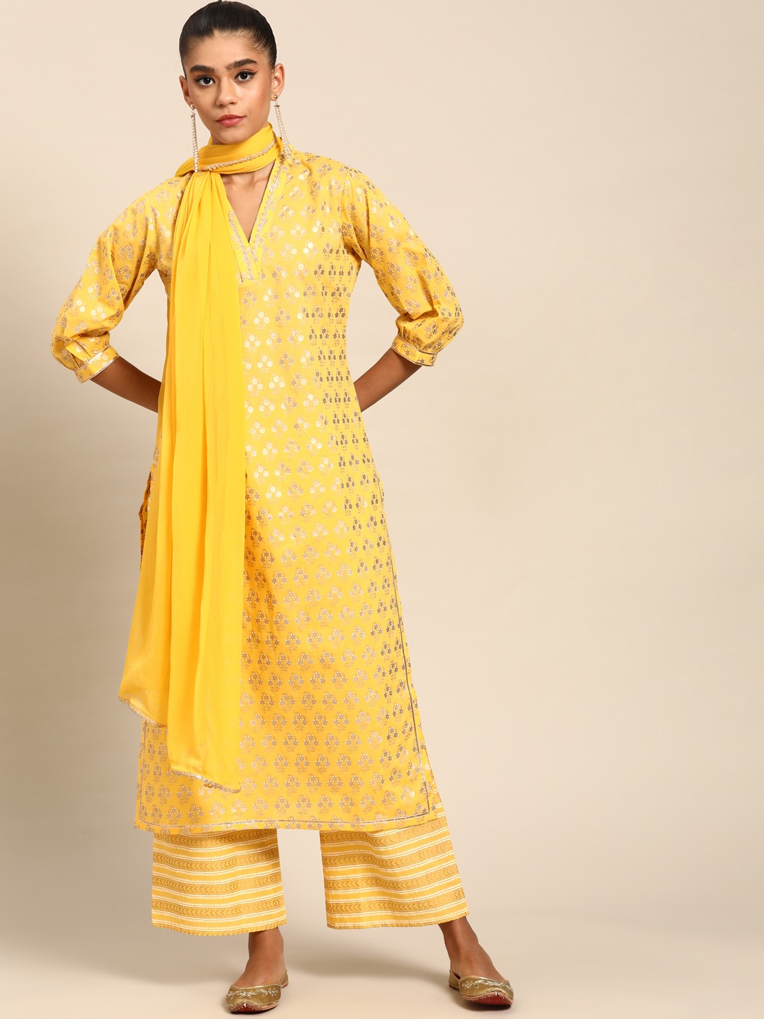 

Gerua By Libas Women Yellow Floral Printed Gotta Patti Pure Cotton Kurta with Palazzos With Dupatta