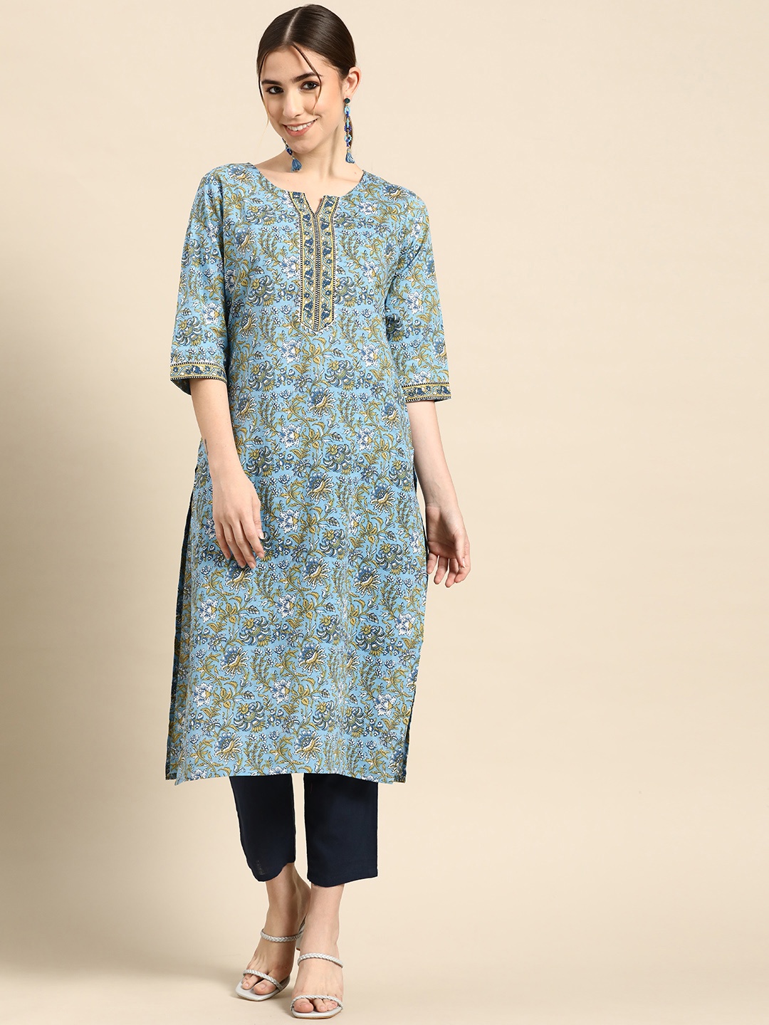 

GERUA Women Blue & Olive Green Floral Printed Gotta Patti Cotton Floral Kurta