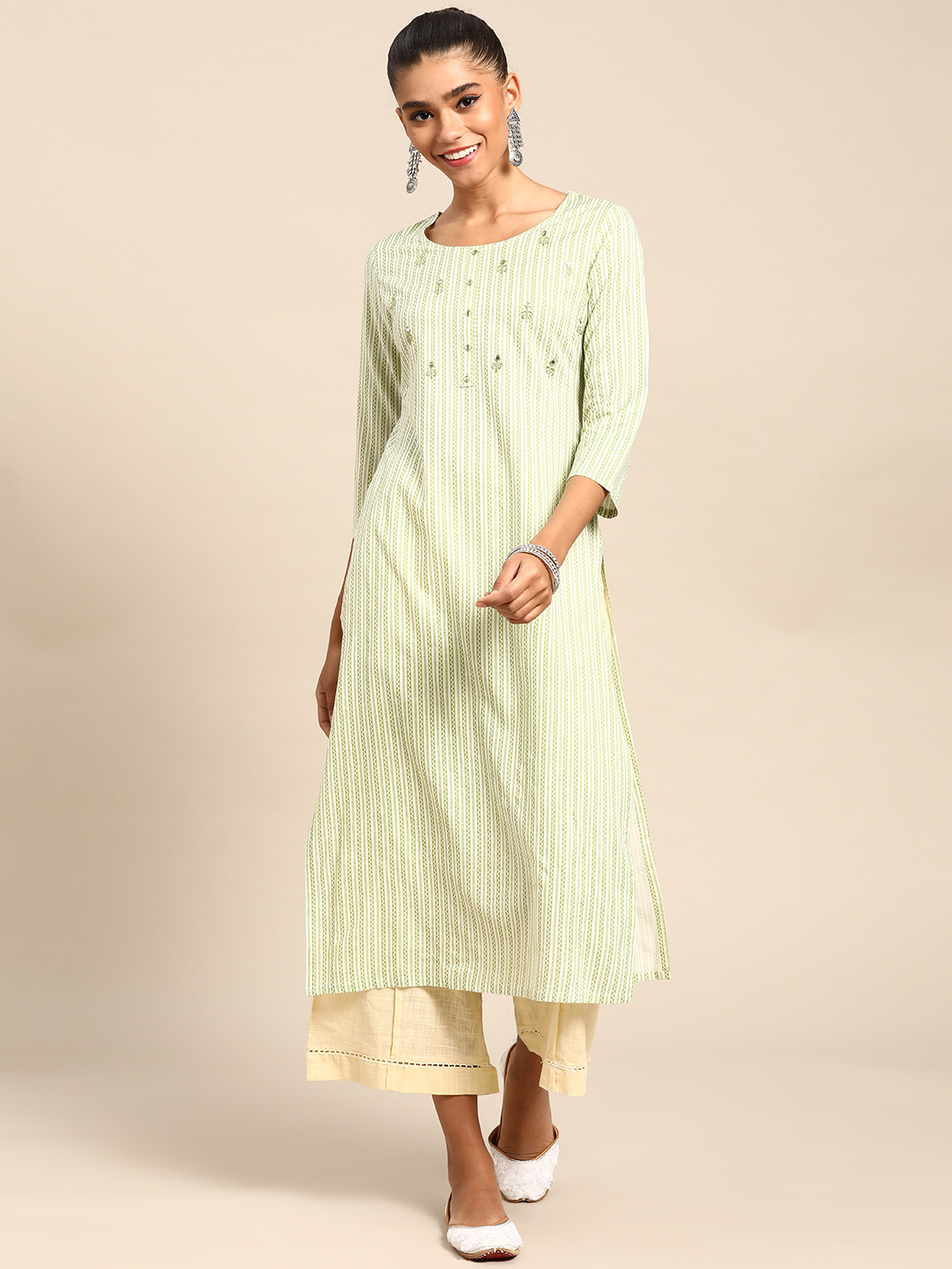 

Gerua By Libas Women Green Striped Mirror Work Kurta