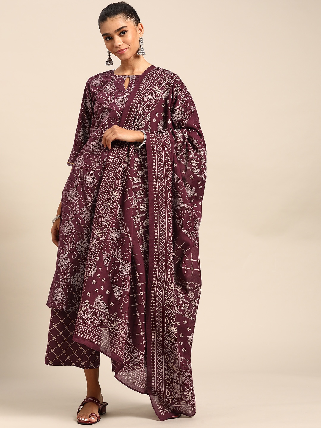 

Gerua By Libas Women Burgundy Floral Printed Gotta Patti Pure Cotton Kurta with Palazzos Dupatta