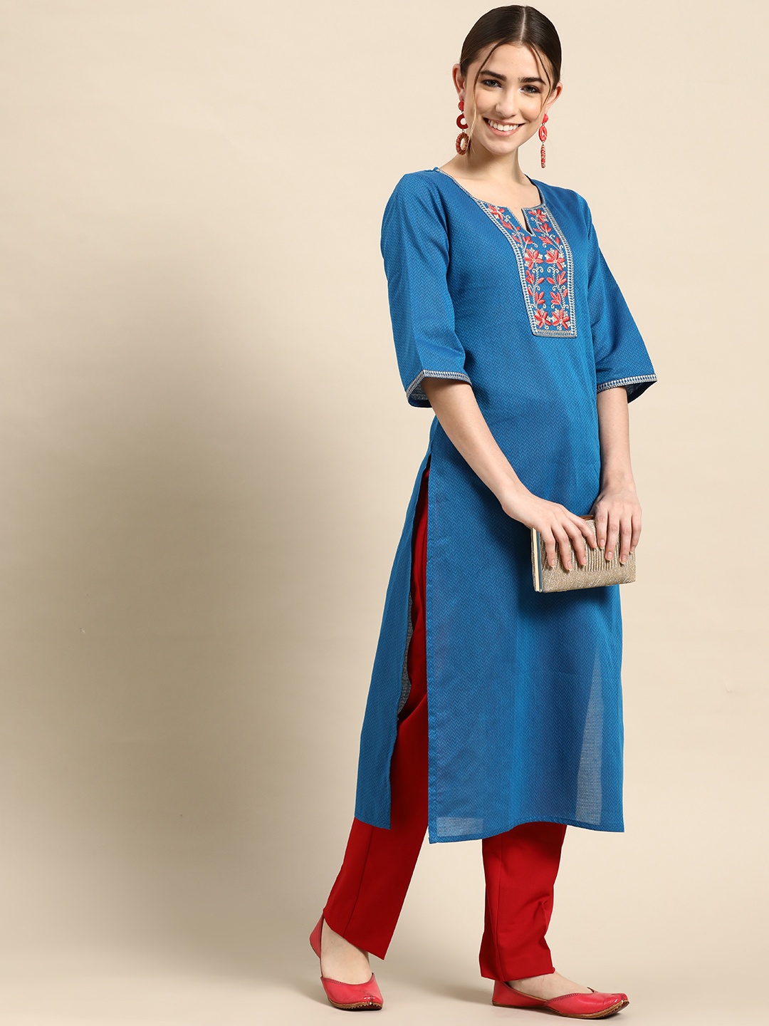 

Gerua By Libas Women Blue Chevron Embroidered Thread Work Kurta