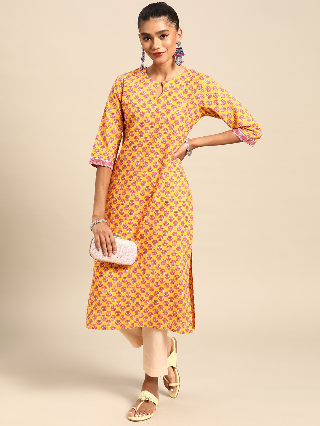 

Gerua By Libas Women Mustard Yellow Pink Floral Motifs Printed Keyhole Neck Kurta