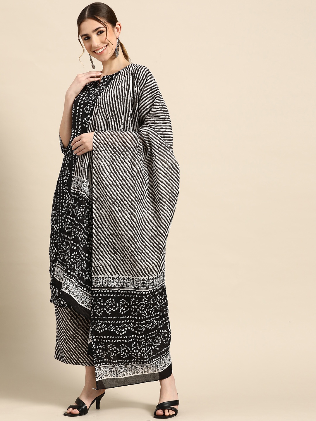 

Gerua By Libas Women Black Bandhani Printed Pure Cotton Kurta with Palazzos With Dupatta