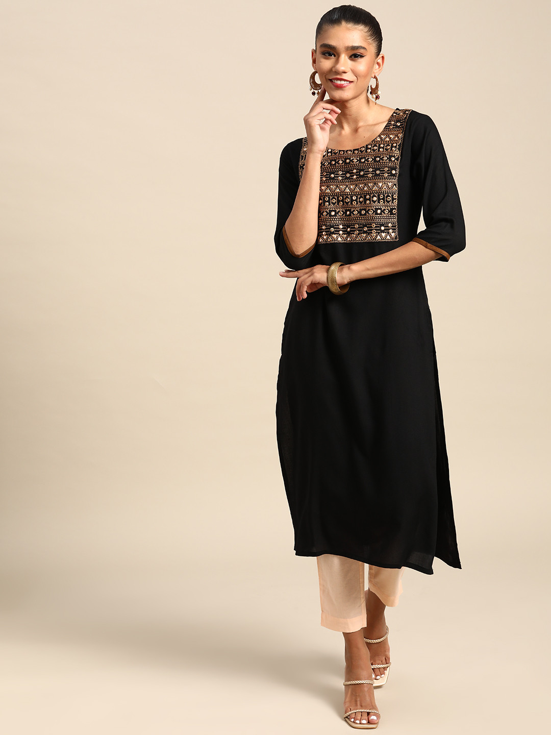 

Gerua By Libas Women Black Golden Geometric Embroidered Mirror Work Kurta