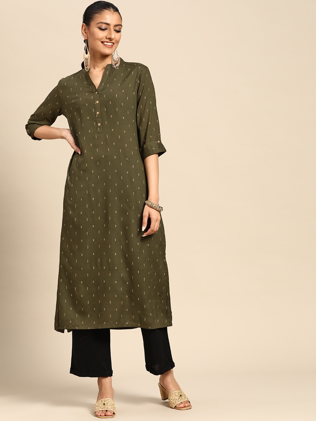 

Gerua By Libas Women Olive Green Golden Ethnic Motifs Printed Kurta