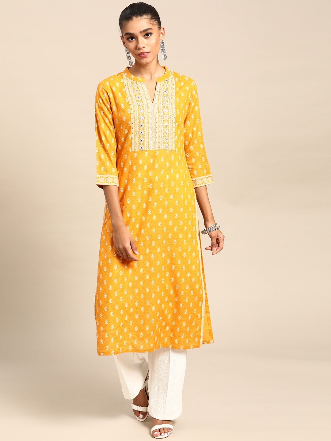 

Gerua By Libas Women Mustard Yellow White Ethnic Motifs Printed Mirror Work Kurta