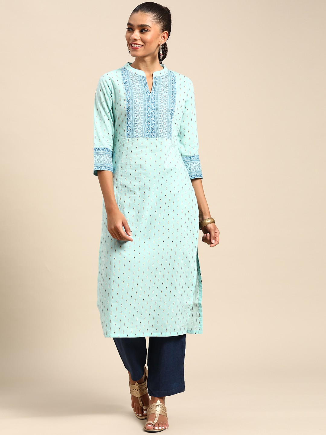 

Gerua By Libas Women Blue Ethnic Motif Printed Mirror Work Kurta