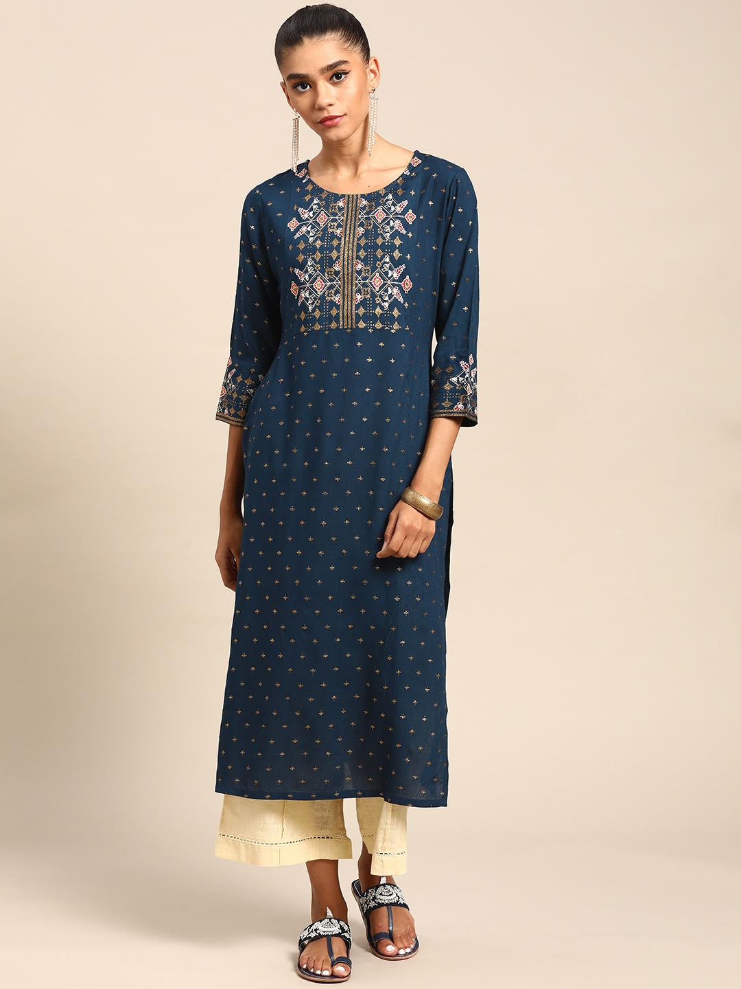 

Gerua By Libas Women Navy Blue Golden Ethnic Motifs Printed Kurta