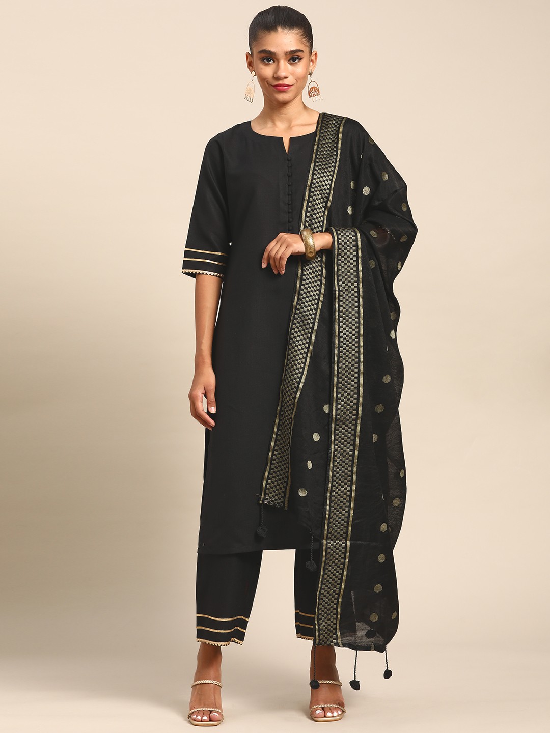 

Gerua By Libas Women Black Gotta Patti Kurta with Trousers Dupatta