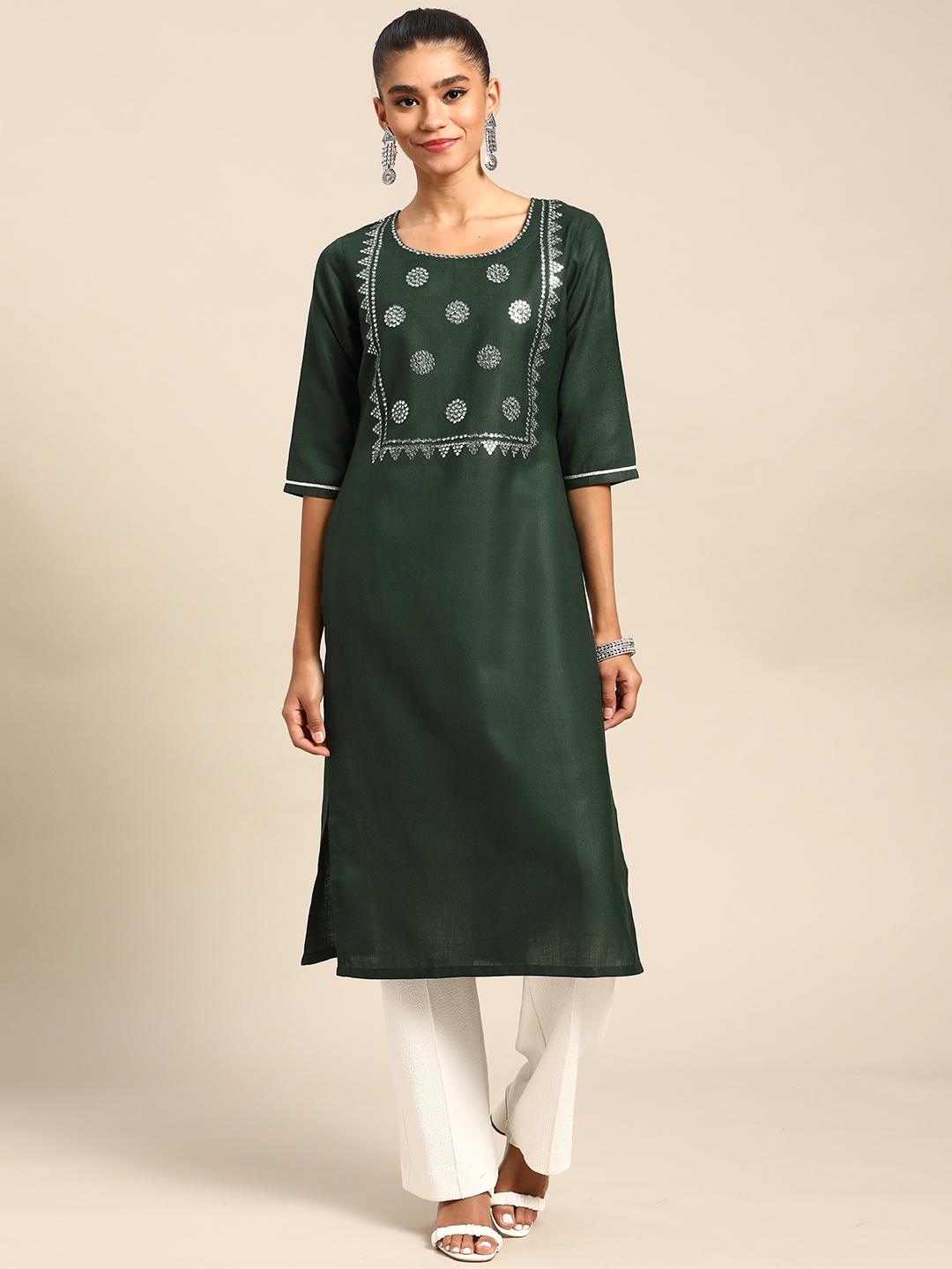 

Gerua By Libas Women Green Floral Embroidered Mirror Work Kurta