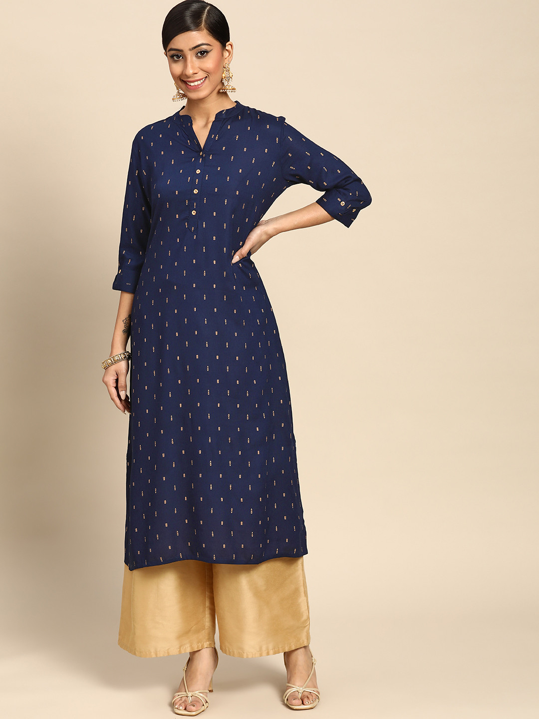 

Gerua By Libas Women Navy Blue Golden Ethnic Motifs Printed Kurta