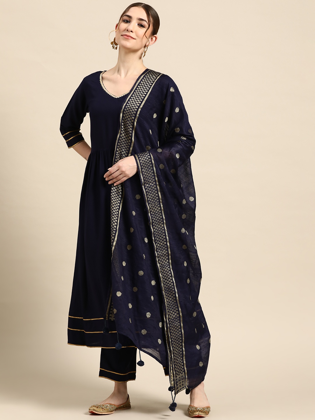 

Gerua By Libas Women Navy Blue Gotta Patti Kurta with Trousers With Dupatta