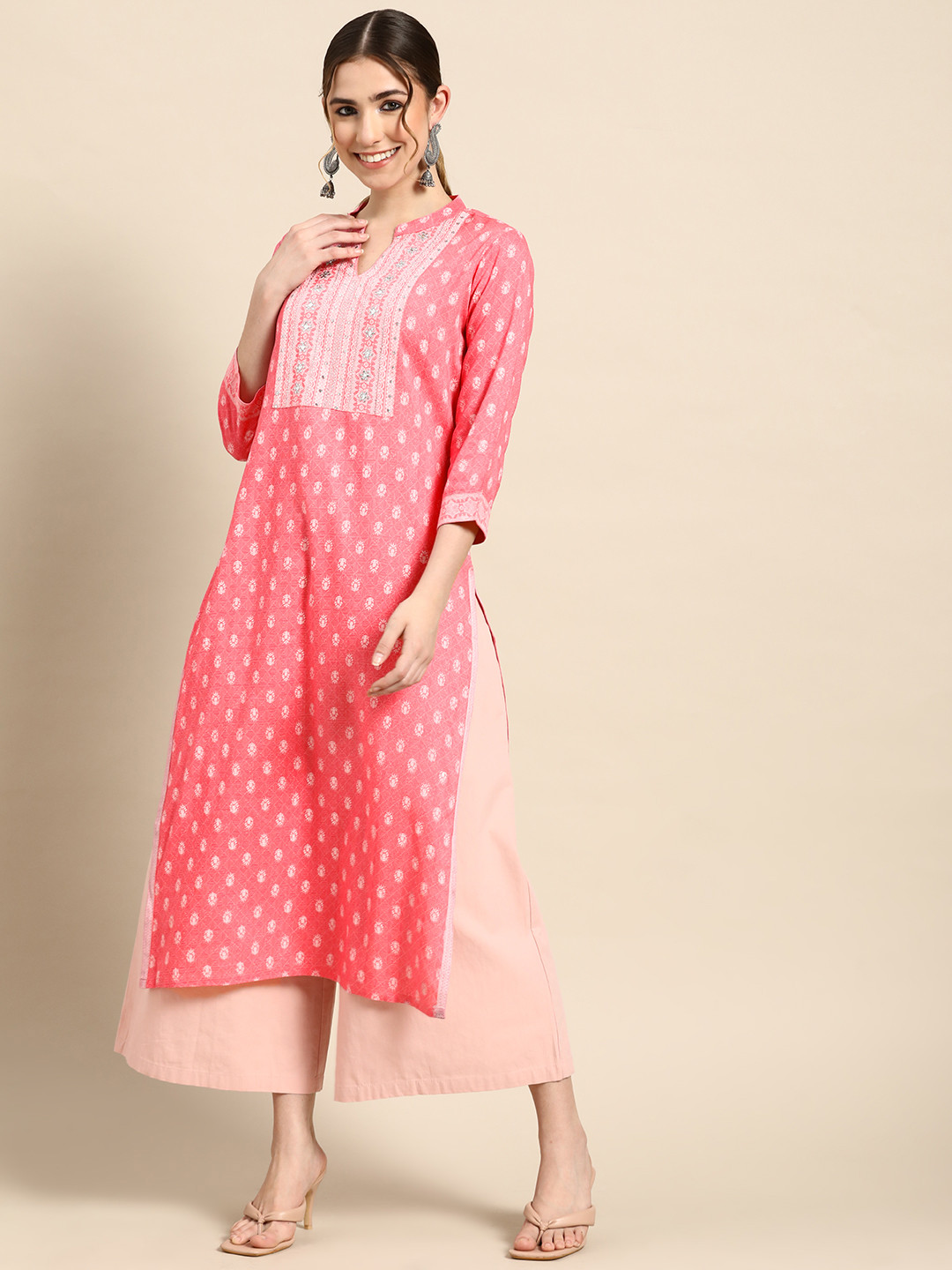 

Gerua By Libas Women Pink White Ethnic Motifs Yoke Design Mirror Work Floral Kurta