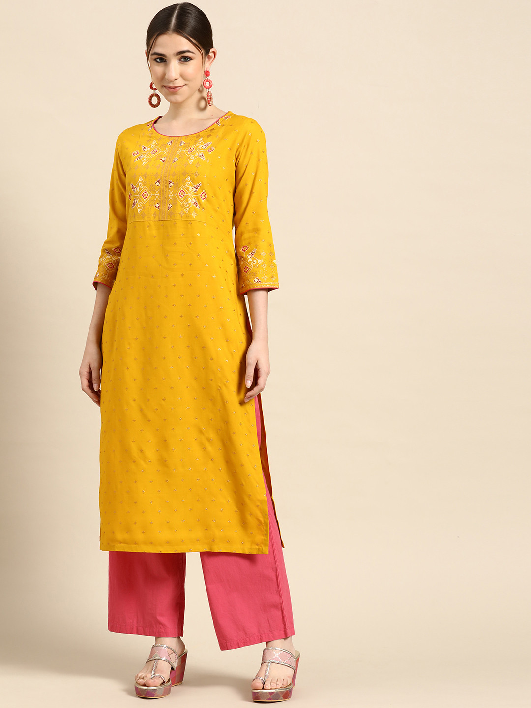 

Gerua By Libas Women Yellow Pink Ethnic Motifs Printed Kurta