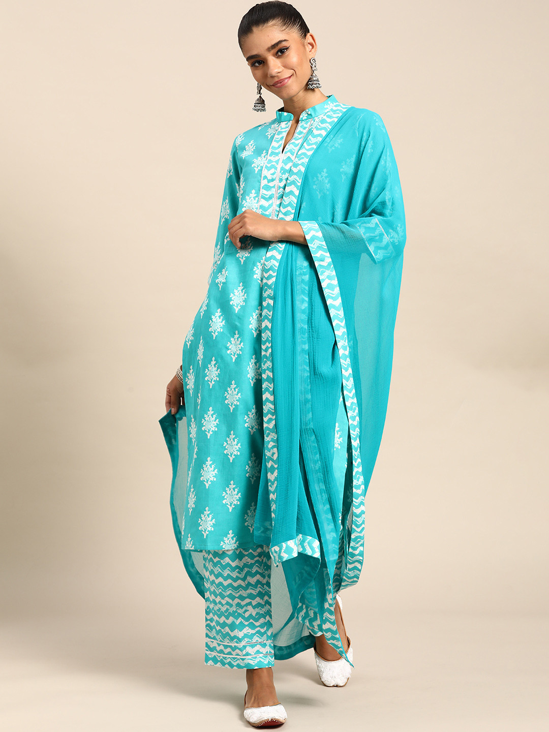

Gerua By Libas Women Blue Printed Pure Cotton Kurta with Trousers With Dupatta