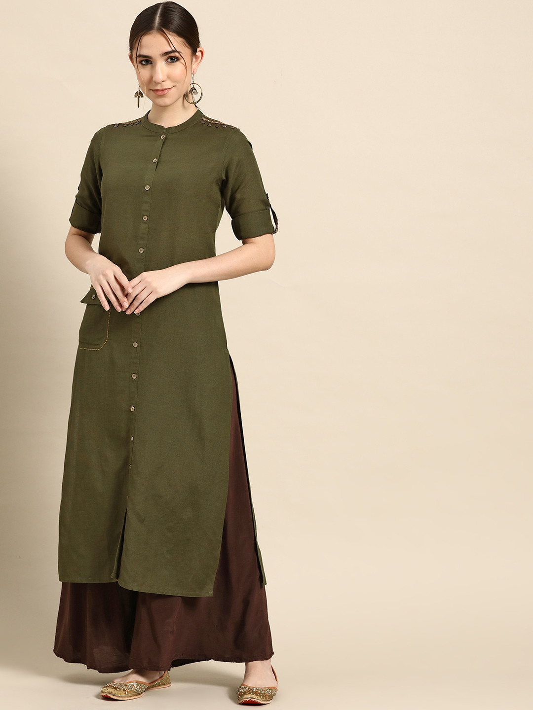 

GERUA Women Olive Green Solid Pure Cotton Kurta
