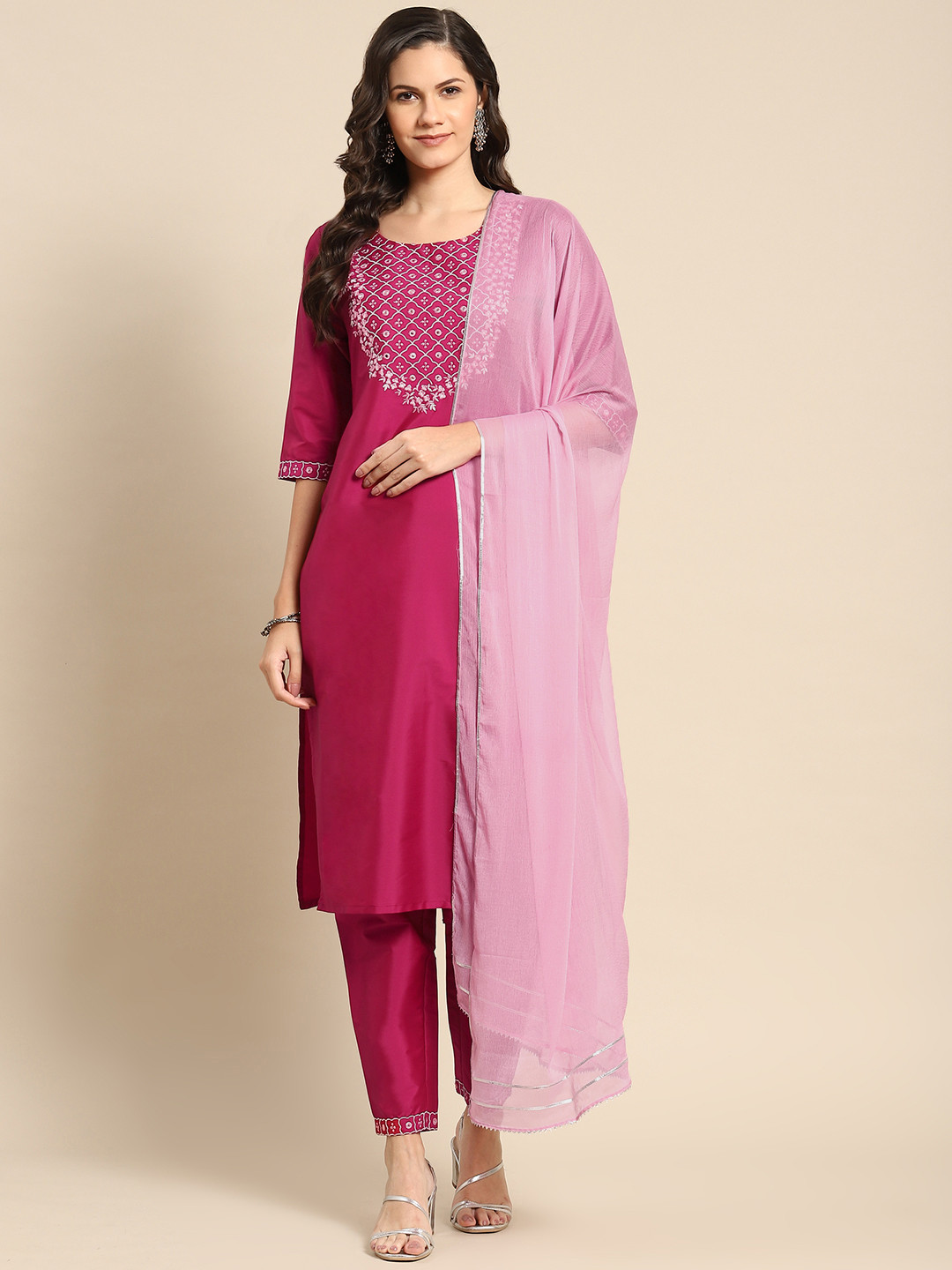 

Gerua By Libas Women Pink Floral Motifs Yoke Design Mirror Work Kurta with Trousers With Dupatta
