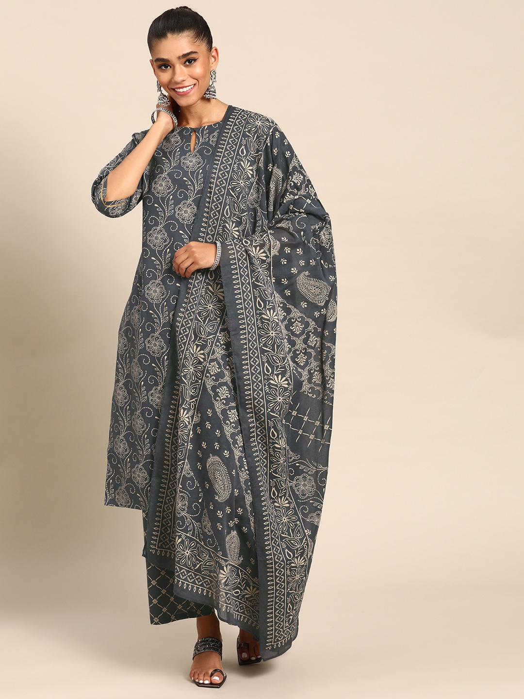 

Gerua By Libas Women Grey Floral Printed Gotta Patti Pure Cotton Kurta with Palazzos With Dupatta