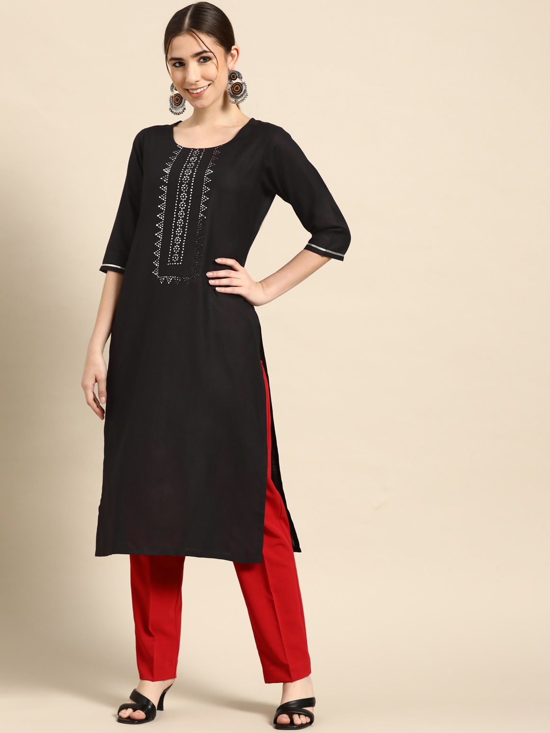 

Gerua By Libas Women Black Floral Yoke Design Mirror Work Kurta