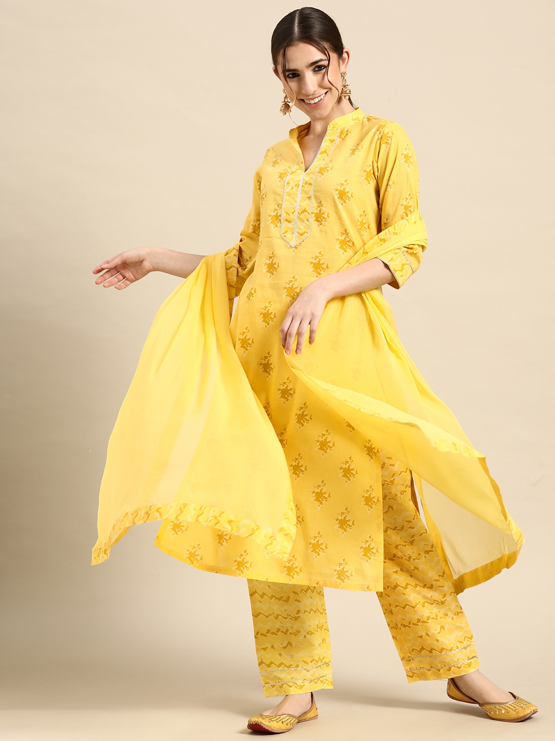 

Gerua By Libas Women Yellow Printed Gotta Patti Pure Cotton Kurta with Trousers With Dupatta