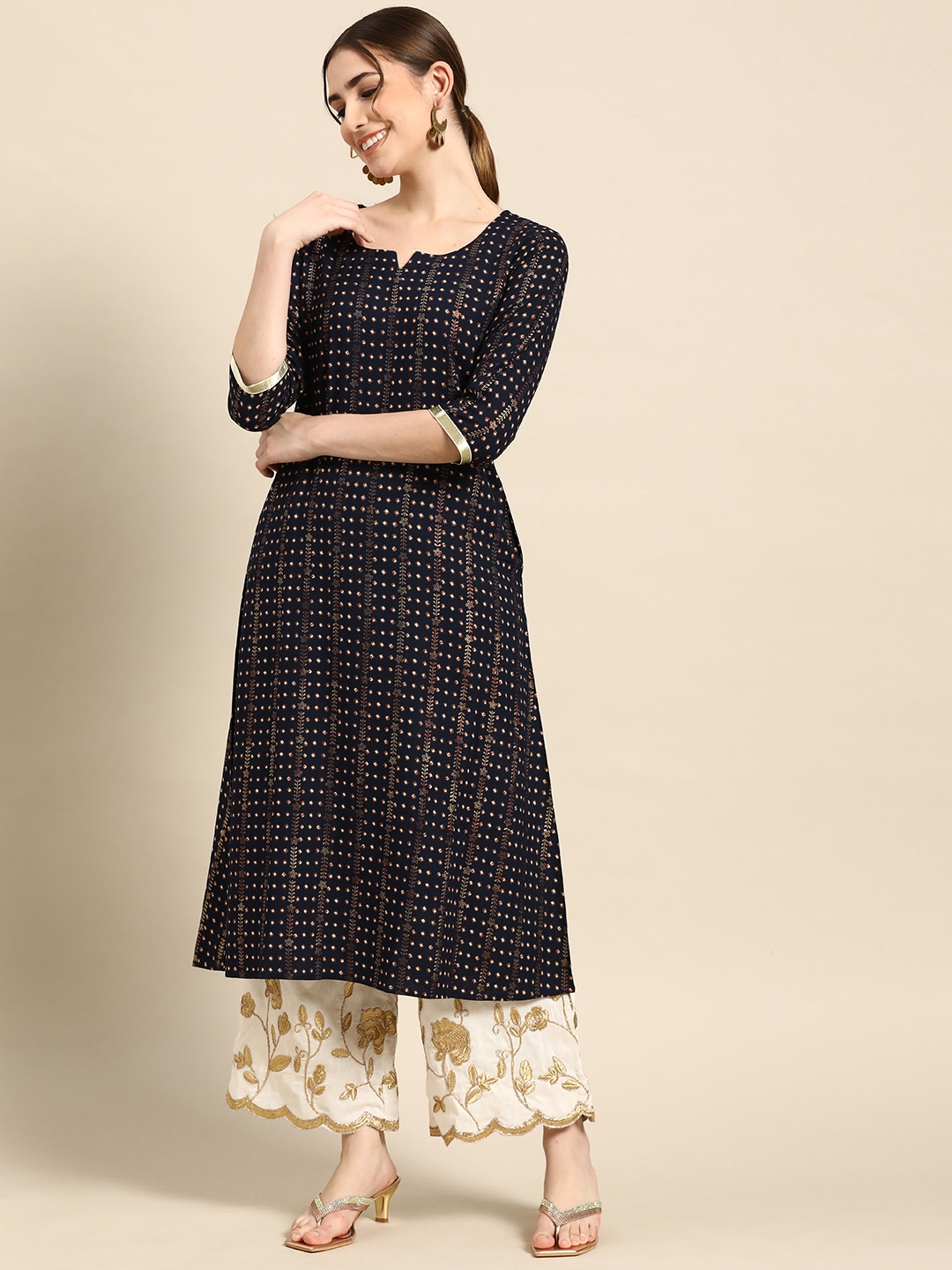 

Gerua By Libas Women Navy Blue Striped Printed Kurta