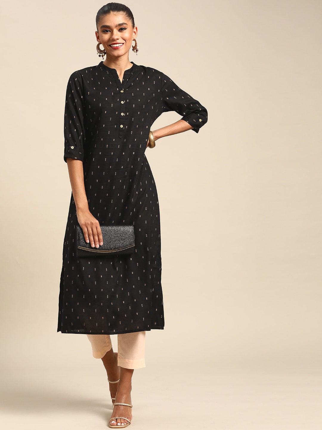 

Gerua By Libas Women Black Golden Micro Ditsy Printed Kurta